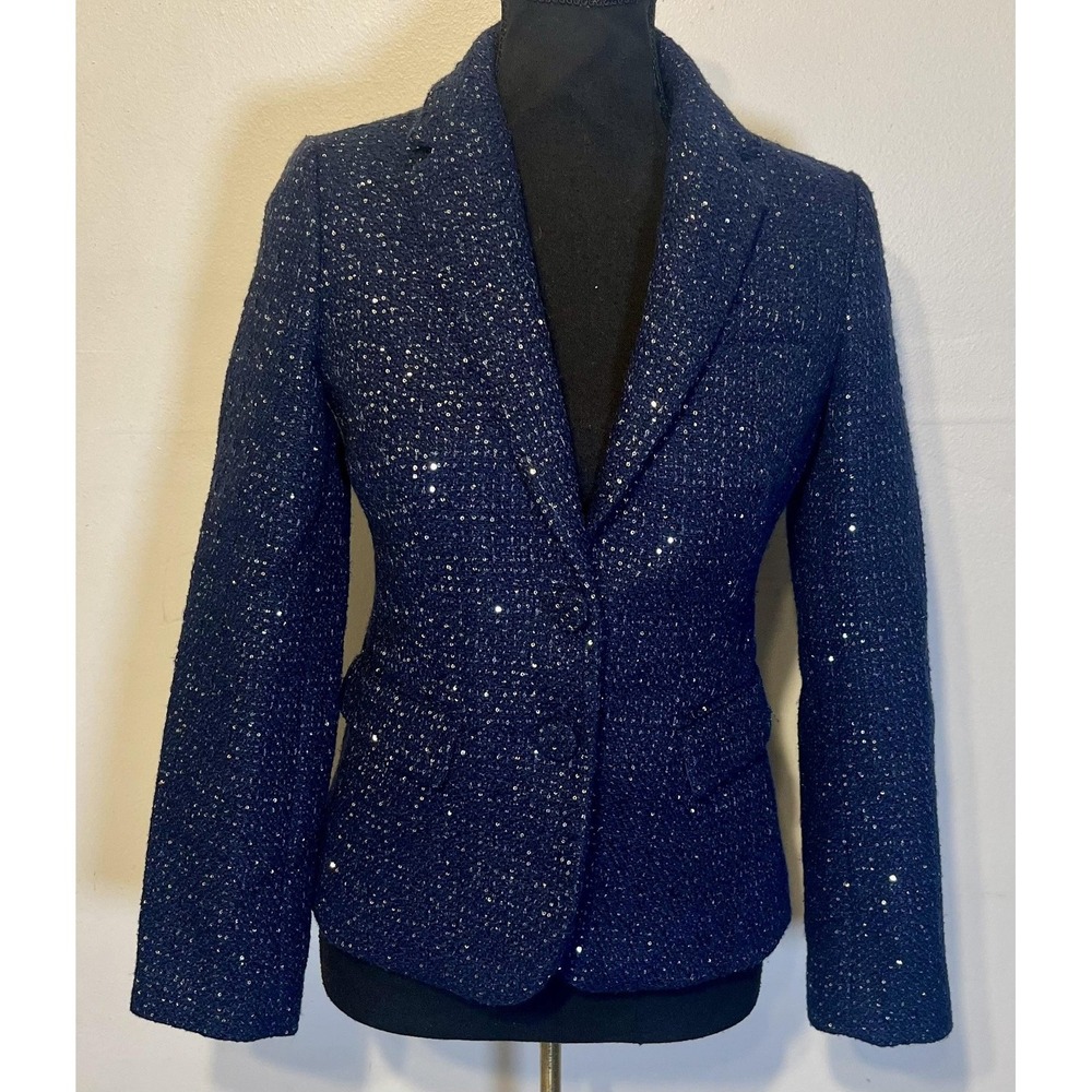 J.Crew Blazer Womens 00 Navy Blue Sequin‎ Tweed Two Button Notch Lined Jacket